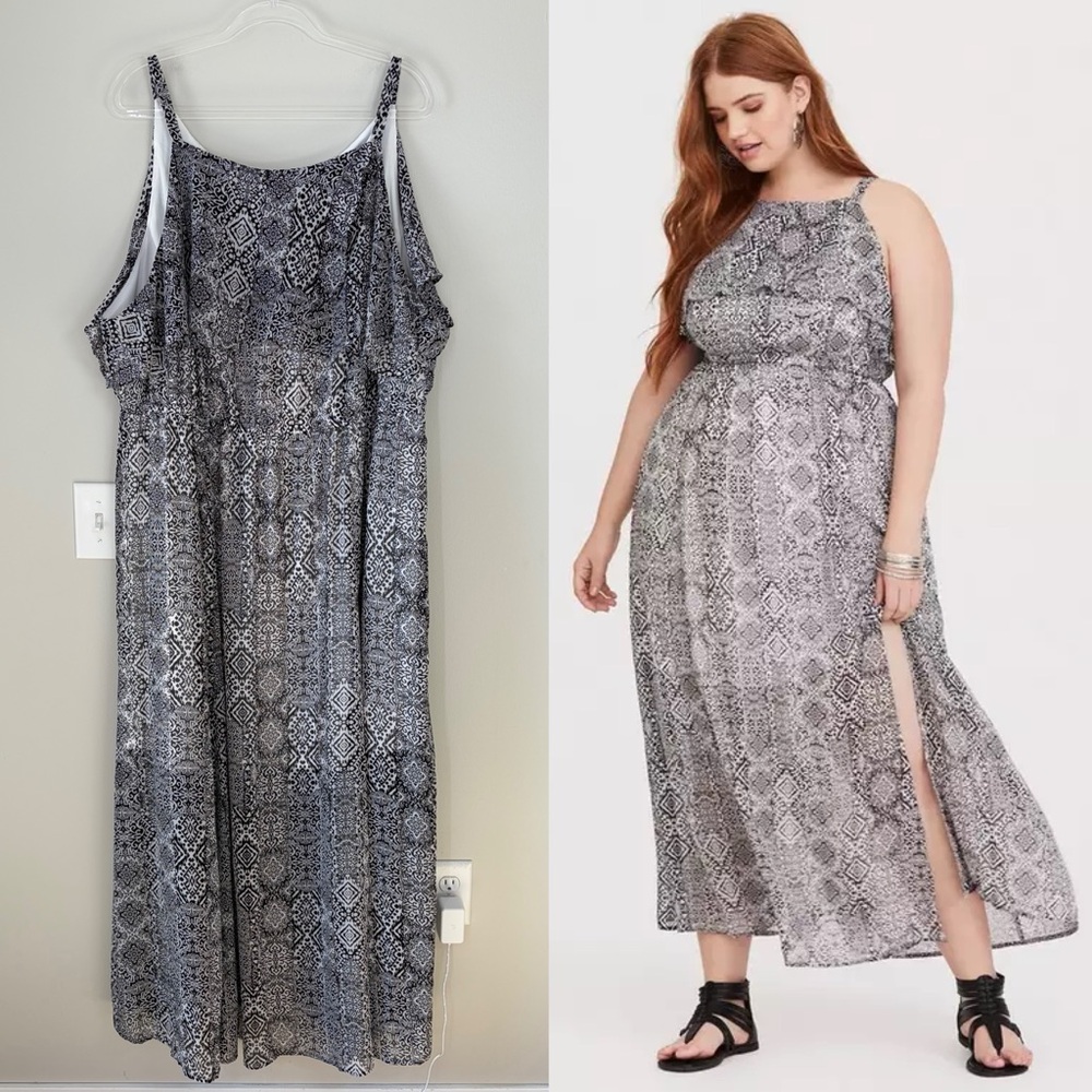 Torrid Black & White Patterned Ikat Chiffon Flowy Maxi Dress